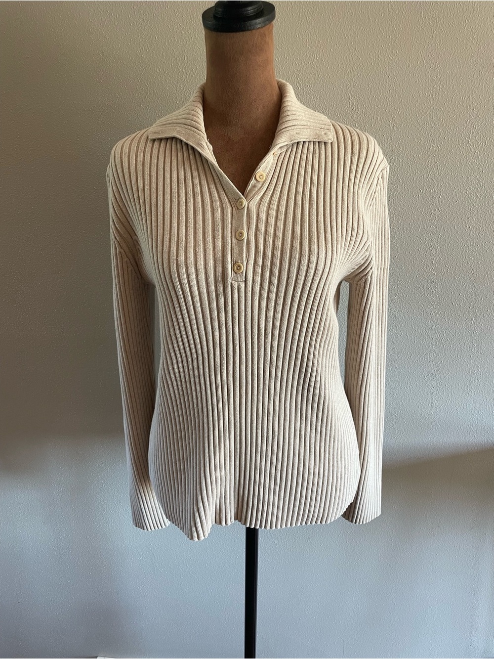 Vintage Eddie Bauer Ribbed Polo Button-Front Sweater - Cream